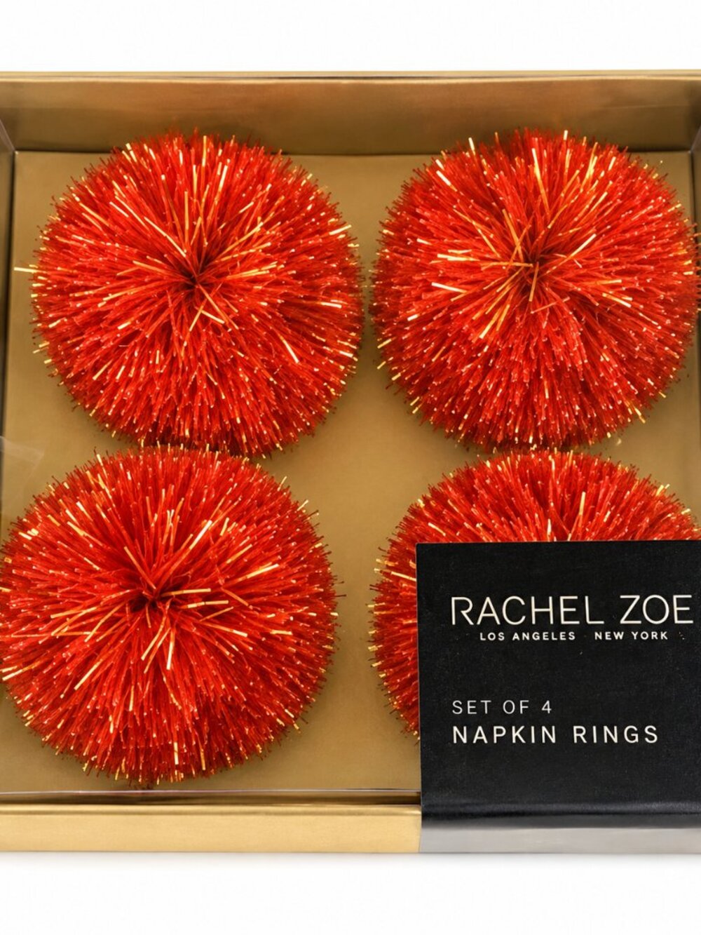 Rachel Zoe Christmas Napkin Rings Pom Pom Red Gold Holiday Set Of 4
